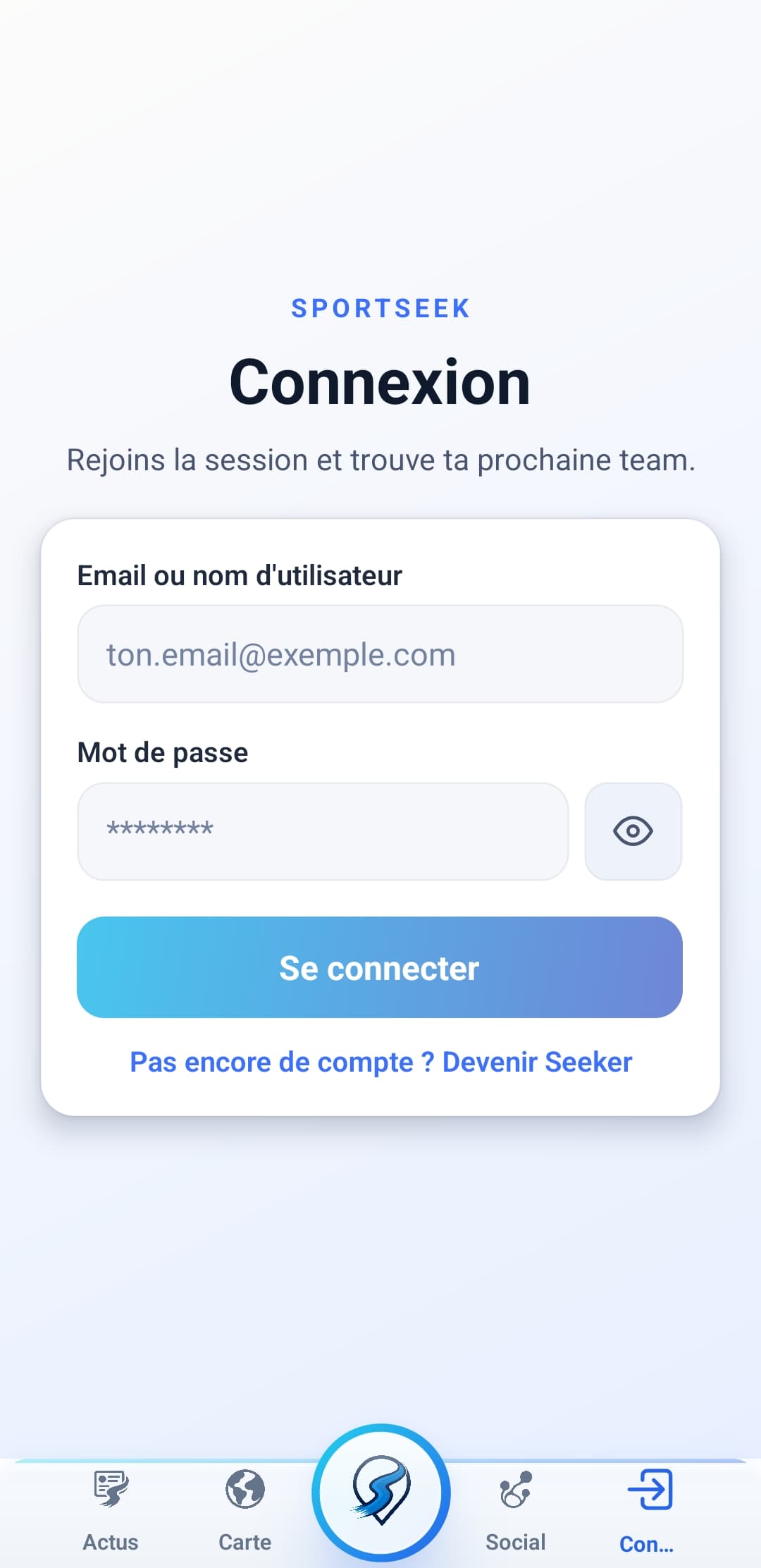 Capture SportSeek: Connexion express