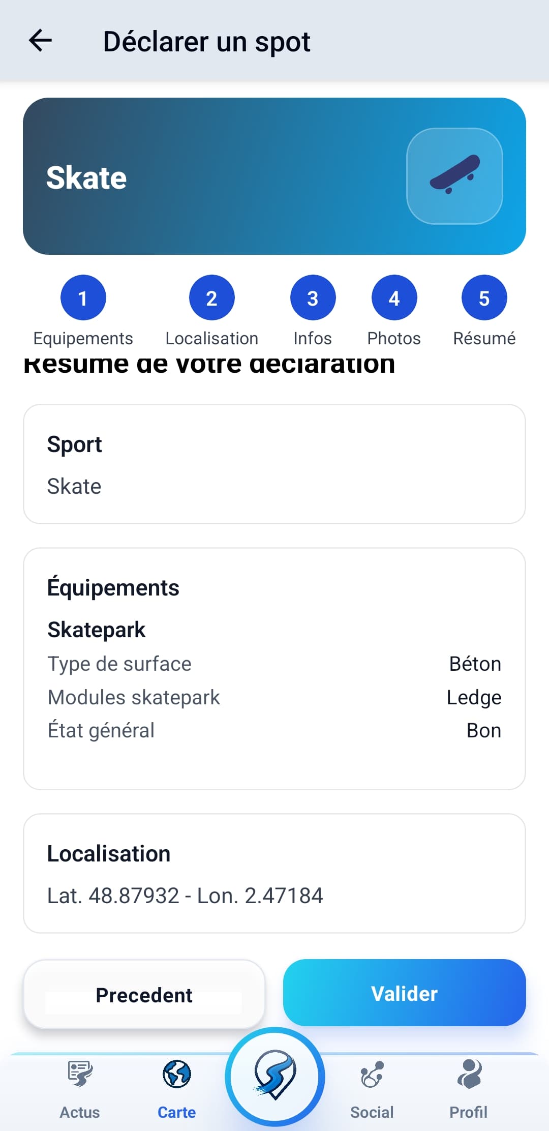 Capture SportSeek: Résumé avant validation